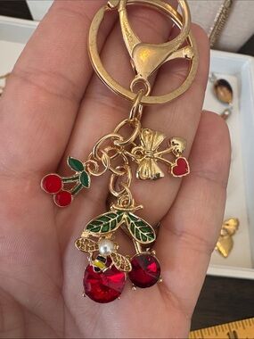 Gold-Tone Cherry Charm Keychain with Red Crystal Drops